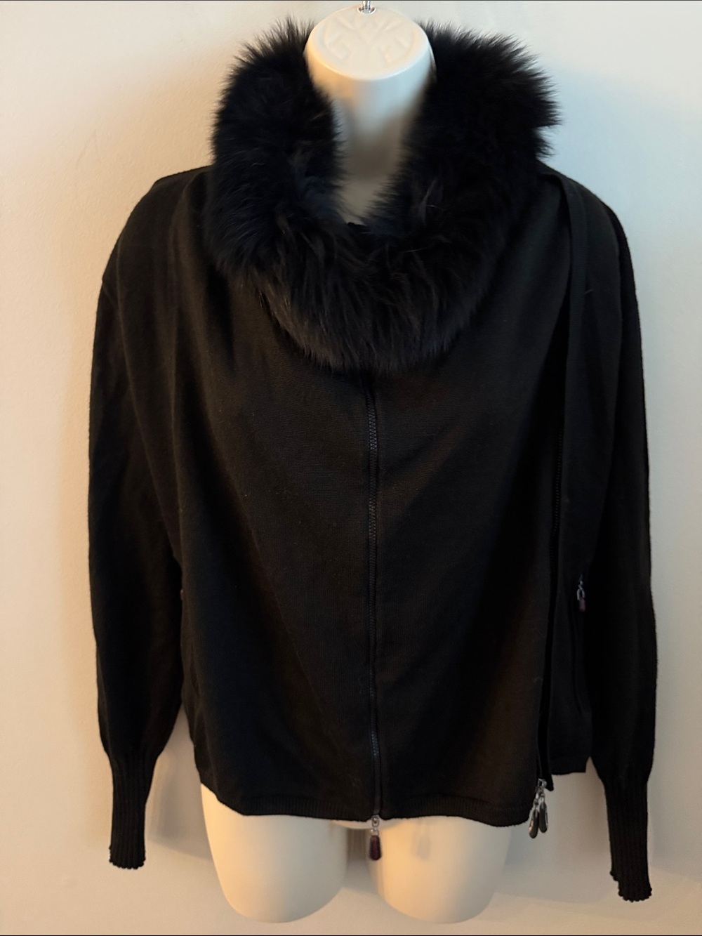 jamie sadock Vintage Y2K Black Zip-Front Sweater with Faux-Fur Collar small